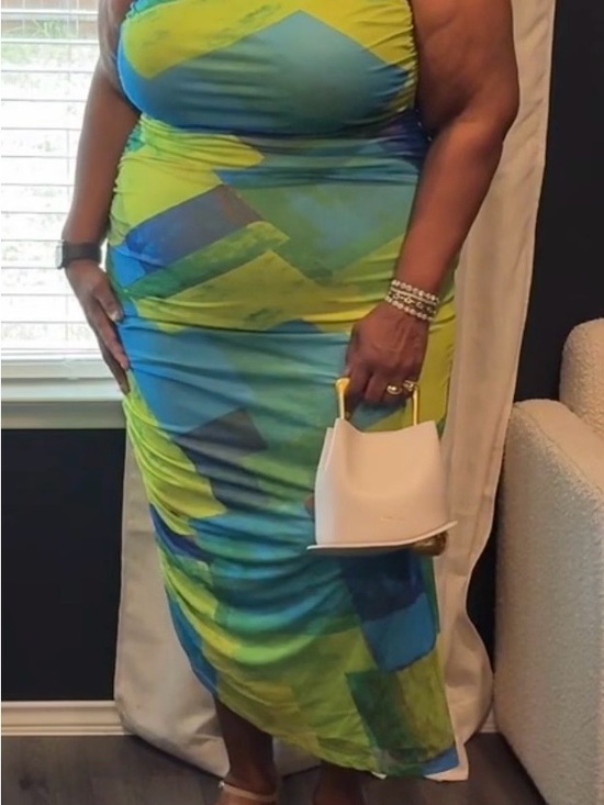 Fashion Nova Dresses & Skirts - Fashion Nova One-Shoulder Bodycon Dress in Blue and Lime Green Geo Print